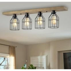 Deals 🧨 The Gray Barn Daisy Road 4-light Wood And Metal Cage Linear Flush Mount 👍