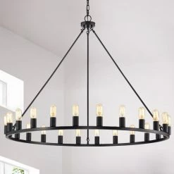 Promo ✨ The Gray Barn Liam 48-inch Round Wagon Wheel 24-light Chandelier Smith Iron / Imitation Wood Grain 👍