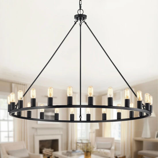 Promo β¨ The Gray Barn Liam 48-inch Round Wagon Wheel 24-light Chandelier Smith Iron / Imitation Wood Grain π 3 Promo β¨ The Gray Barn Liam 48-inch Round Wagon Wheel 24-light Chandelier Smith Iron / Imitation Wood Grain π - Image 2
