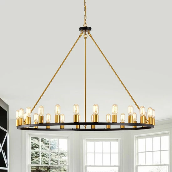 Promo β¨ The Gray Barn Liam 48-inch Round Wagon Wheel 24-light Chandelier Smith Iron / Imitation Wood Grain π 5 Promo β¨ The Gray Barn Liam 48-inch Round Wagon Wheel 24-light Chandelier Smith Iron / Imitation Wood Grain π - Image 4