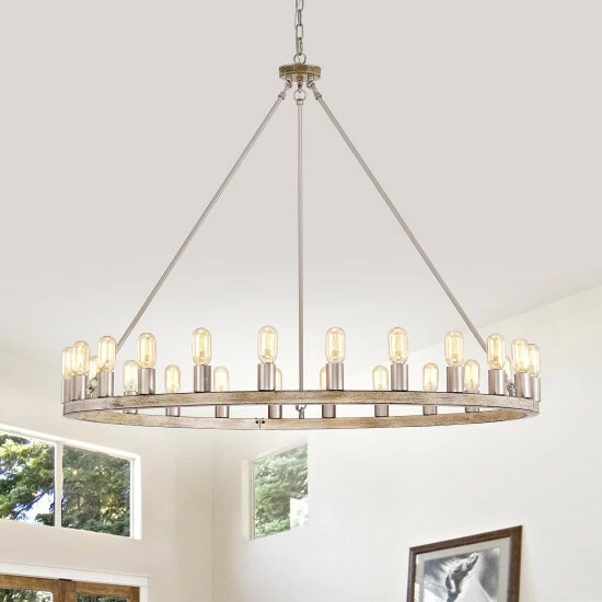 Promo β¨ The Gray Barn Liam 48-inch Round Wagon Wheel 24-light Chandelier Smith Iron / Imitation Wood Grain π 9 Promo β¨ The Gray Barn Liam 48-inch Round Wagon Wheel 24-light Chandelier Smith Iron / Imitation Wood Grain π - Image 8