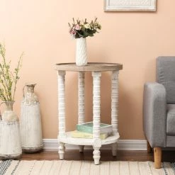 Wholesale 🔥 The Gray Barn Dullahan Road Distressed White And Natural Wood Round Accent Side End Table With Storage ✔️