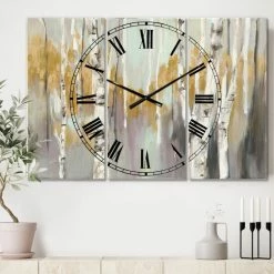 Hot Sale 🔥 The Gray Barn Jartop 'Silver And Yellow Birch Forest II' 3-panel Oversized Metal Clock - 36 In. Wide X 28 In. High - 3 Panels 🔥