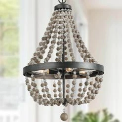 Budget ⭐ The Gray Barn Modern Farmhouse 4-Light Wood Beads Chandelier Bohemian Empire Hanging Pendant - W16.1"x H25.4" 🛒