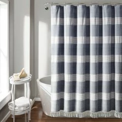 Wholesale 👍 The Gray Barn Done Roamin Stripe Yarn Dyed Cotton Knotted Tassel Shower Curtain Navy ✔️
