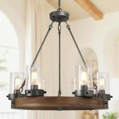 Best Pirce 🧨 The Gray Barn 6-Light Farmhouse Wood Wagon Wheel Chandelier - D24.8"x H 27.2" 🤩