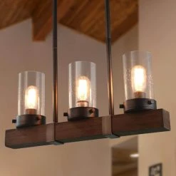 New 🥰 The Gray Barn Farmhouse 3-light Wood Linear Chandelier For Kitchen Island - Brown - L22 X W3.9"x H9.4" ✔️