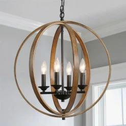Flash Sale 😀 The Gray Barn Farmhouse 4-Light Globe Wood Grain Candle Chandelier 🧨